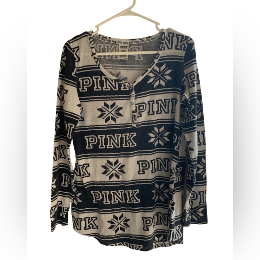VS PINK Sleepwear Black White Knit Top, Long Sleeve, Size Large, Cotton Blend